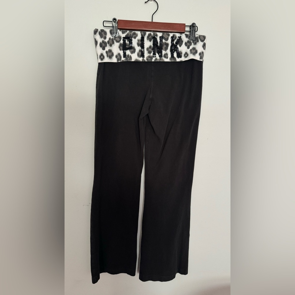 Pink Victoria’s Secret Y2K Leopard Print & Sequins Fold-Over Flared Yoga Pants